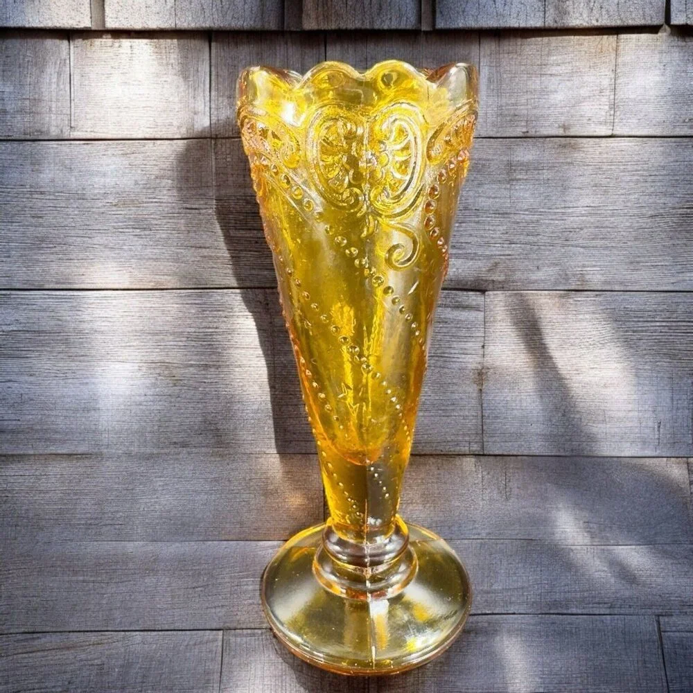 Vintage Mid Century Amber Glass Bud Vase Beaded Wavy Edges Glass‎ Vase VTG Decor